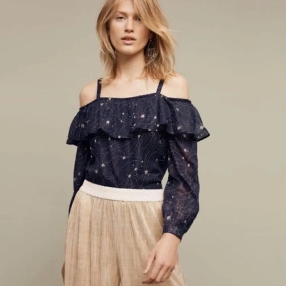 NWT Floreat Anthropologie Navy Blue Metallic Silver Star Cold Shoulder Top - Picture 1 of 11